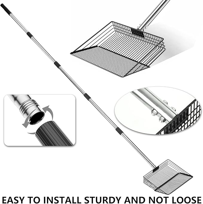 10 Inch Chicken Poop Scooper, Large Metal Chicken Coop Scoop, Chicken Litter Sifting Shovel, Chicken Coop Rake with Retractable Stainless Steel Handle, Chicken Coop Cleaning Tools Accessories-PurrikoPets