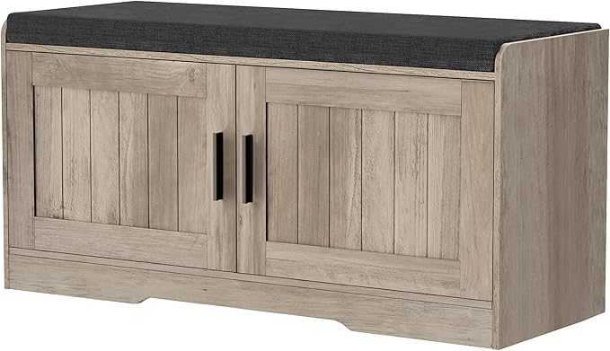 2-Tier Storage Bench, Shoe Bench with Thickened Padded Seat Cushion, Entryway Bench with 2 Doors, Adjustable Shelf, 13.8" D x 37.4" W x 18.5" H, for Entryway, Living Room, Bedroom, Greige-PurrikoPets