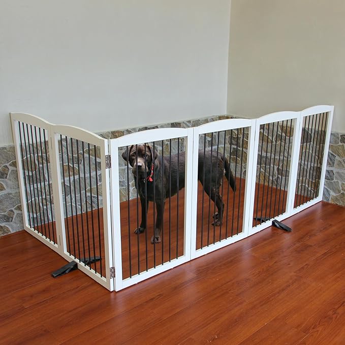 Freestanding Panel Dog Gate for Indoor, Doorways,Stairs, or Hallways,Foldable Wooden Dog Gates for House,Pet Gate for Dogs,Dog Fence, Puppy Gate,Support Feet Included,32 "Height-6 Panels,White-PurrikoPets