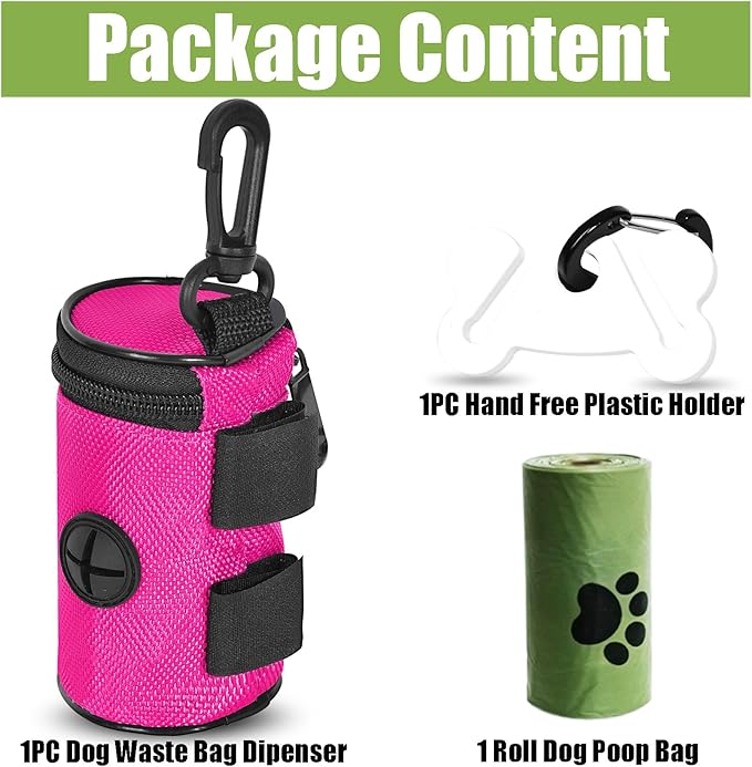 Dog Poop Bag Dispenser for Leash Attachment - Portable Set With Waste Bags & Hand-Free Carrier, Fits Any Leash, Round, Pink-PurrikoPets