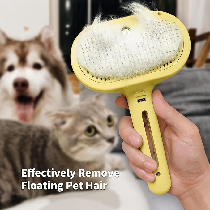 3 In 1 Steamy Brush with Release Button and Tank, Anti-Static Pet Brush for Long and Short Hair Pets to Remove Tangles and Loose Fur (Yellow)-PurrikoPets