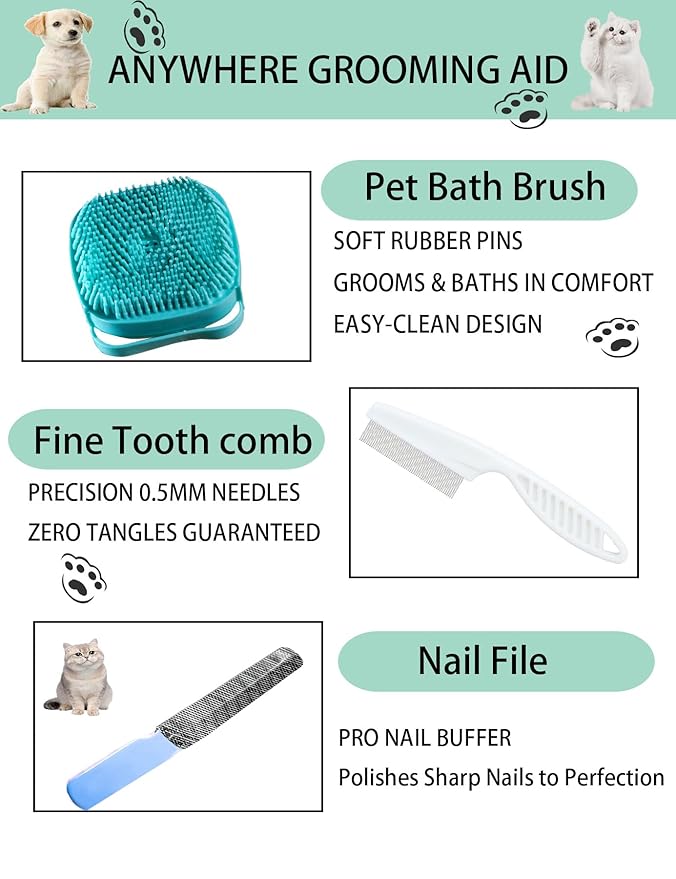 6ps Dog Cat Brush Grooming Kitf, Dog Cat Brushes, Bath Brush, Dematting Rake and Comb, Nail Clipper, Nail File, Flea Comb (Blue 6 Kits)-PurrikoPets