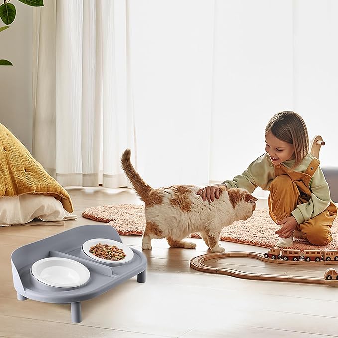 Elevated Cat Bowls, Tilted Rised Cat Food and Water Bowl with 2 Pcs Ceramic Pet Bowls, Rised Stand, Pet Dish Anti Vomiting Feeding Station for All Sized Cats & Small Dogs (Grey)-PurrikoPets