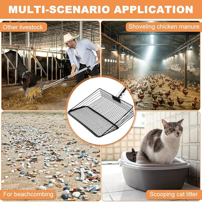 10inch Chicken Poop Scooper, Chicken Coop Scoop for Poop, 4 Sections Extended with 22 to 77inch Stainless Steel Adjustable Handle, Litter Scooper Sifting Shovel-PurrikoPets