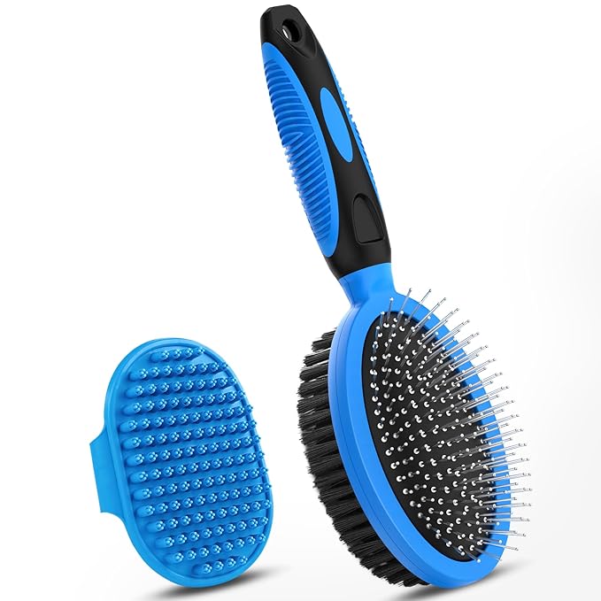 2PCS Pet Grooming Tools - Double-Sided Brush for Shedding and Bathing, Suitable for Short/Long Haired Dogs Cats and Horses, Deshedding Dog Brush, Mane & Tail Combs for Horses - Pet Supplies (Blue)-PurrikoPets