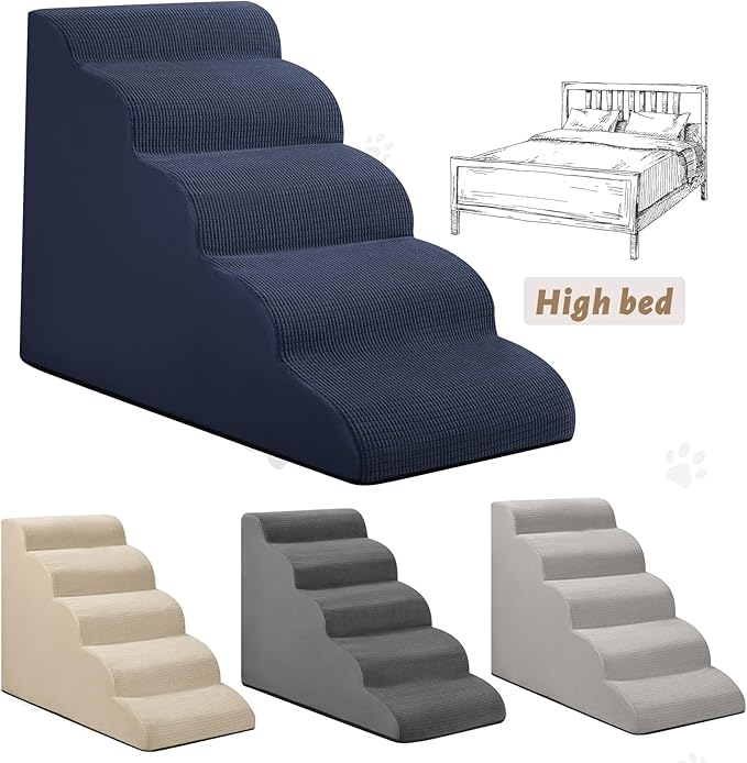 5-Step Dog Stairs and Ramp for High Bed, Non-Slip Sturdy Pet Steps for Small Dogs and Cats,22.2" H,Blue-PurrikoPets