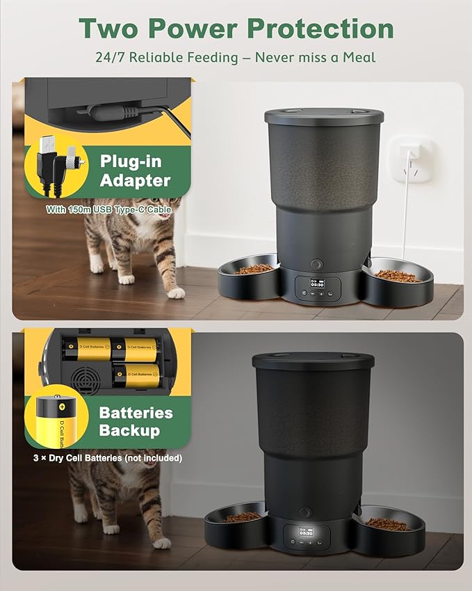 Gimars 5L Automatic Cat Feeder for 2 Cats, Programmable 1-6 Meals Cat Food Dispenser with Stainless Steel Bowl, Easy Setup, Dual Power Supply,10s Meal Call Timed Pet Feeder for Cats and Small Dogs-PurrikoPets