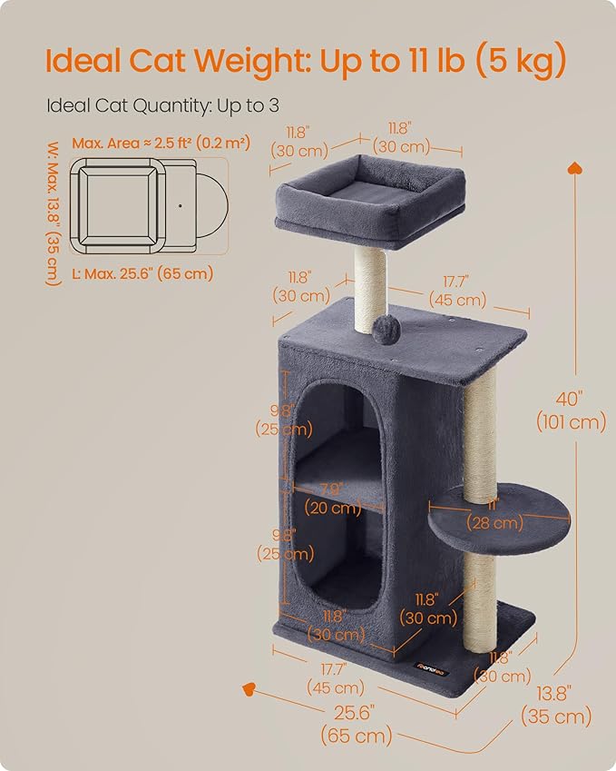 Feandrea Cat Tree Tower with 2 Caves for Multi-Cat Households, Kittens, Scratching Posts, Dark Gray UPCT005G02-PurrikoPets