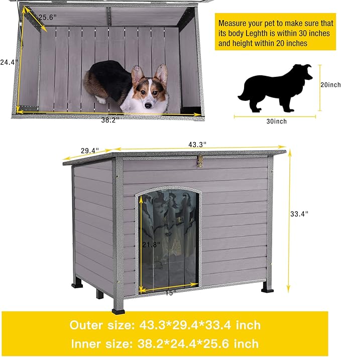 Aivituvin Large Dog House Outdoor Indoor Weatherproof Dog House for Small & Medium & Large Dogs with Unique All-Around Iron Frame&Raised Feet(Grey)-PurrikoPets