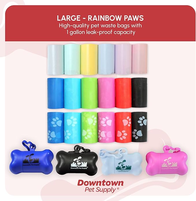 Downtown Pet Supply Rainbow Paw Print Poop Bags (520 CT & 2 Dispensers) - Leak-Proof, Unscented, Clips to Dog Leashes & Harnesses-PurrikoPets