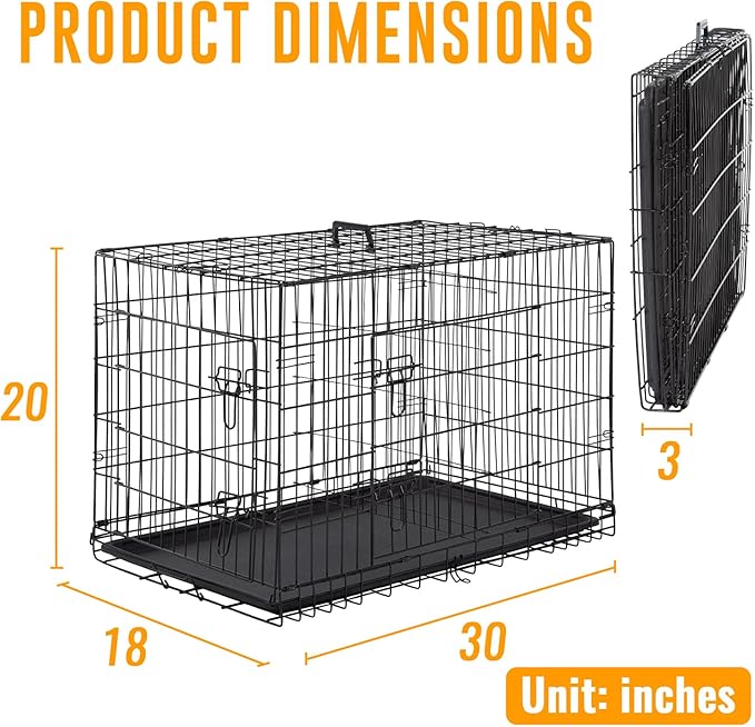 FDW Dog Crate for Medium Dogs 30 Inch Folding Metal WirePet Cage Double Door W/Divider Panel Indoor Outdoor Kennel Leak-Proof Plastic Tray,Black-PurrikoPets