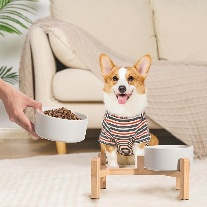 Elevated Ceramic Dog Bowl Set - Raised Dog Bowls with Non-Slip Bamboo Stand - Dog Food and Water Bowl Set - Double Dog Feeding Bowls - Suitable for Small and Medium Dogs - 28.74 OZ - 3.6 CUPS - 850 ML-PurrikoPets