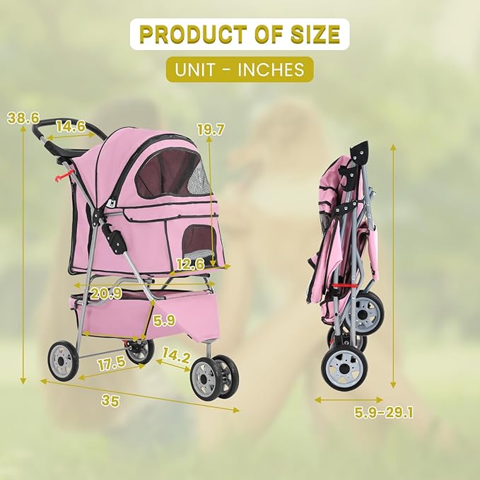 3-Wheels Pet Strolling Cart for Small Medium Dogs and Cats with Storage Basket,Holder, Foldable Pet Stroller with Waterproof Cover, Breathable Mesh for All-Season, Pink-PurrikoPets
