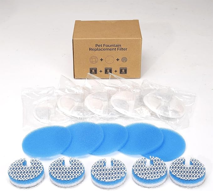 5 Set Cat Water Fountain Filter Replacement for Round 2L/67oz Stainless Steel Cat Fountain, ZEKIRY Pet Fountain Filter, Triple Filtration Replacement Filters(5 Filter, 5 Sponge, 5 8D Sponge)-PurrikoPets