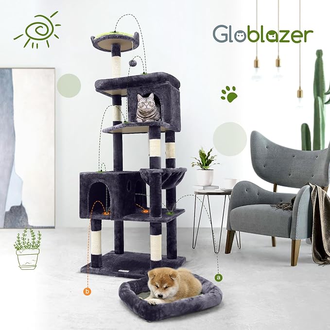 Globlazer Heavy Duty Cat Trees for Large Cats, Sturdy 72in Maine Coon Cat Tree for Large Cats 20 lbs+ Heavy Duty Cat Tower for Adult Biggest Cat with 6 Scratching Posts, Hammock, S72, Dark Gray-PurrikoPets