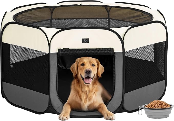 A4Pet Dog Playpen Indoor, 49” Portable Playpen with Bowl, Suitable for Puppies, Kittens, and Small Animals, Removable Zipper & Mesh Panel(16”W × 10”H)-PurrikoPets