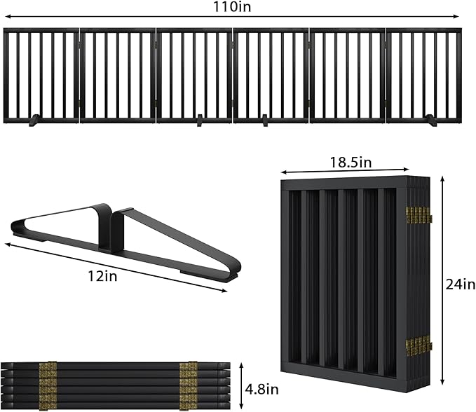 Extra Wide Dog Gate 110 inches Wide, Freestanding Pet Gate for The House Doorway, Pet Puppy Barrier, Support Feet Included, Black,6 Panels-PurrikoPets