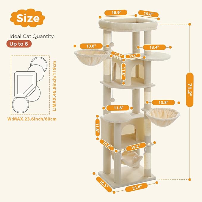71.2" Tall Cat Tree for Indoor Cats - 9-Level Multi-Cat Tower w/5 Sisal Scratching Posts, 2 Condos, 3 Hammocks, Perch & Pom Poms - Heavy-Duty for Adult Cats, Space-Saving Plush Beige-PurrikoPets