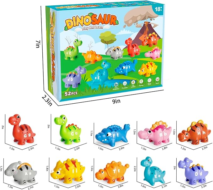 52 PCS Dinosaur Alphabet Learning Toys for Toddlers Kids 3-5, 10 Different Dinosaur Figures, Double Sided ABC Matching Game, Preschool Activities Montessori Fine Motor Toys for Toddlers Kids-PurrikoPets