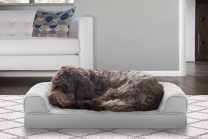 Furhaven Cooling Gel Dog Bed for Medium/Small Dogs w/ Removable Bolsters & Washable Cover, For Dogs Up to 35 lbs - Quilted Sofa - Silver Gray, Medium-PurrikoPets