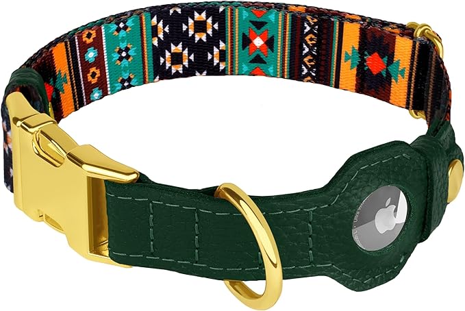 AirTag Dog Collar for Small Medium Large Breed - Adjustable Cute Pattern Dog Collar with Airtag Holder - Soft Leather Tracker GPS Apple Air Tag Pet Collars (Small, 12"-15" Neck Fit, Tribal)-PurrikoPets
