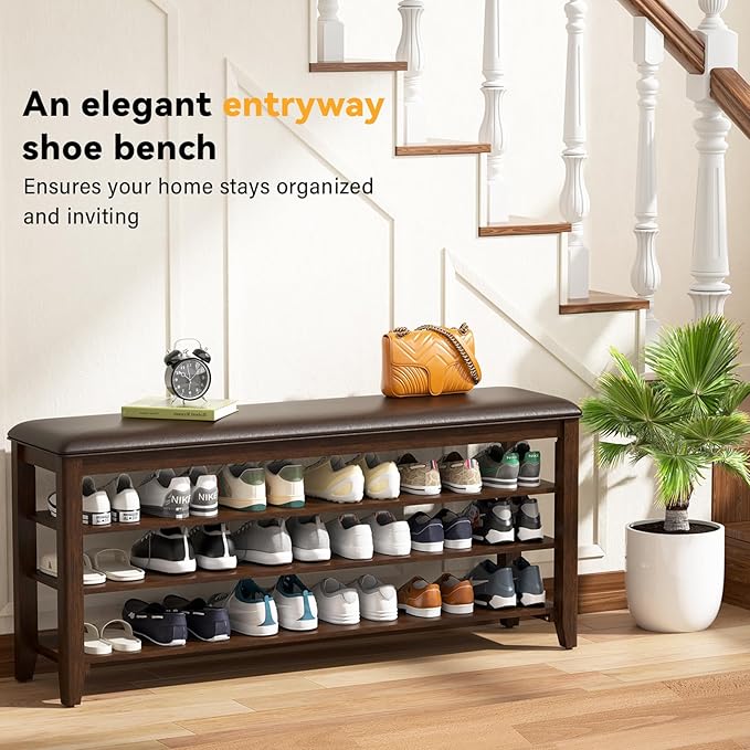 Entryway Shoe Storage Bench with Leather Cushion, Shoe Organizer Bench for Entryway, Ideal for Hallways Front Doors Entrances Mudrooms Featuring Rubberwood And 3 Height-Adjustable and Removable Shelve-PurrikoPets