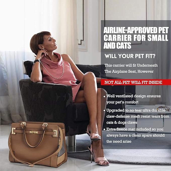 Fashion Pet Carrier Dog Cat Carrier Purse Soft-Sided Leather Handbag Pet Tote Bag for Small Dogs Puppy and Cats TSA Airline Approved (Khaki)-PurrikoPets