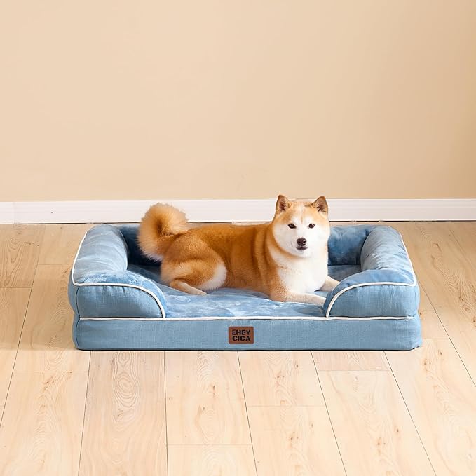 EHEYCIGA Orthopedic Dog Bed for Small Dogs, Waterproof Memory Foam Small Dog Beds with Sides, Non-Slip Bottom and Egg-Crate Foam Medium Pet Couch Bed with Washable Removable Cover, Washed Blue-PurrikoPets