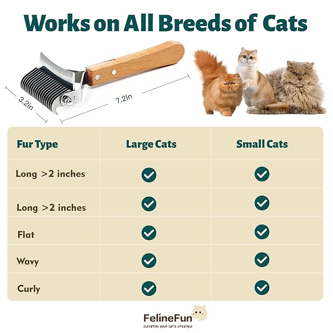 FelineFun Cat Brush for Dematting & Deshedding, 2 in 1 Undercoat Rake, Efficiently Remove Loose Hair & Matted Fur, Professional Shedding Comb for Indoor Cats & Long Haired Cats-PurrikoPets