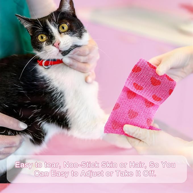 24 Pack Self Adhesive Vet Wrap & Medical Tape, 2 Inch x 5 Yards Cohesive Bandage Wrap - Pink Heart Grip Tape for Ankle, Wrist Sprains, Sports, Pet First Aid-PurrikoPets
