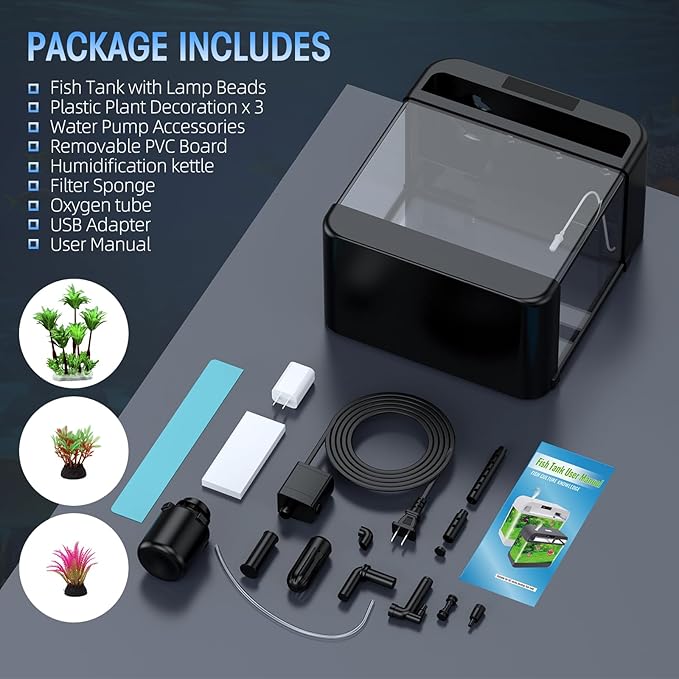 Fish Tank 2.2 Gallon Fish Bowl with Humidifier 7 Color Auto-Looping Light 3 in 1 Quiet Pump with Filteration & Oxygenation & Circulation, Temperature Display, HD Float Glass, Thickened Base-PurrikoPets