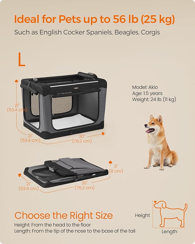 Feandrea Collapsible Dog Crate, 30-Inch Portable Dog Travel Crate for Medium Dogs, Oxford Fabric Pet Carrier with 4 Mesh Doors, Handles, Storage Pocket, Water Bottle Holder, Ink Black UPDC017B01-PurrikoPets