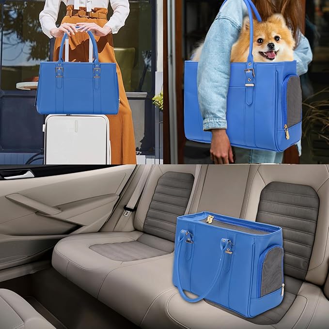 Fashion Pet Carrier Dog Purse Cat Bag Soft-Sided Carriers Travel Airline Approved, Stylish Leather Tote Handbag for Small Animal Puppy Kitten (Blue)-PurrikoPets