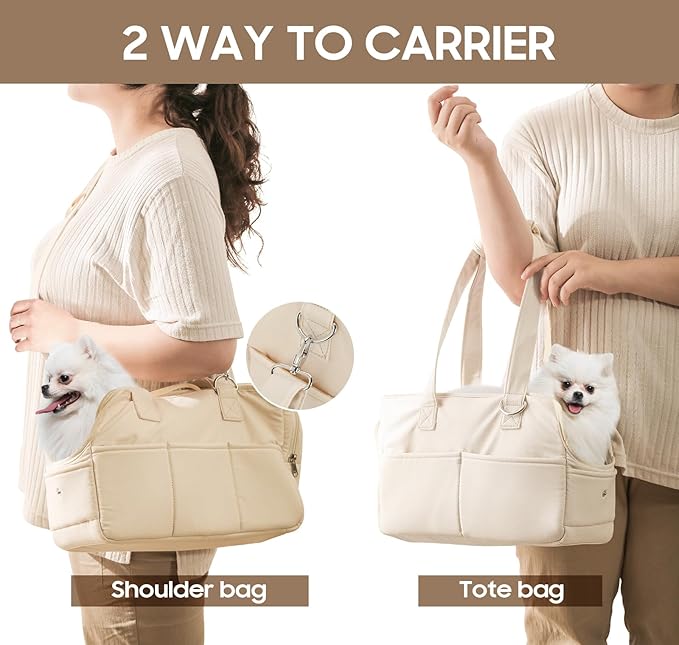 Dog Purse Carrier for Small Dogs, Soft Soft Sided Folding Dog Carriers for Small Dogs Medium Cats Puppies up to 15 Lbs, Washable Breathable Puppy Carrier for Outdoor Travel (Large Beige)-PurrikoPets