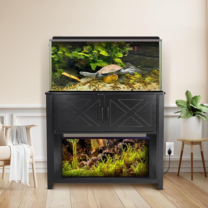 40 Gallon Tank Stand with Cabinet and Power Outlets, Heavy Duty Metal Aquarium Stand for 40-50 Gallon Breeder Tank, Turtle Tank, Double Terrarium Stand, 660LBS Capacity, Black-PurrikoPets