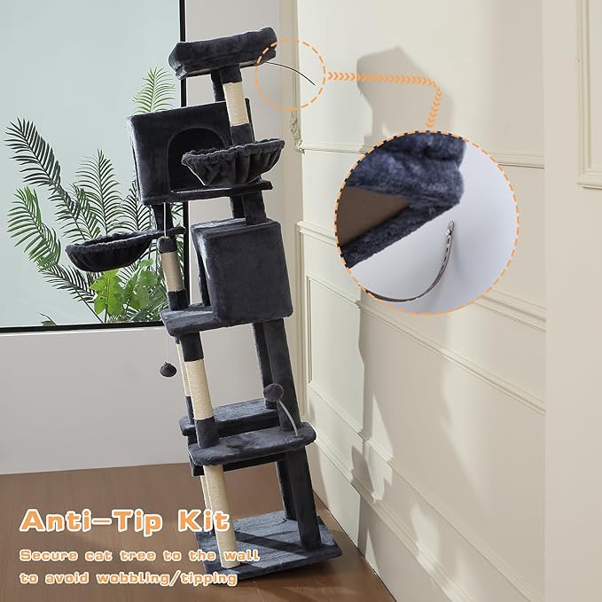 70-Inch Cat Tree,Large Cat Tree Tower with Hammock, Scratching Post, Condo and Multi-Level Cat Tower for Large Cats, Cat Activity Center Playhouse, Dark Gray LCT016-PurrikoPets