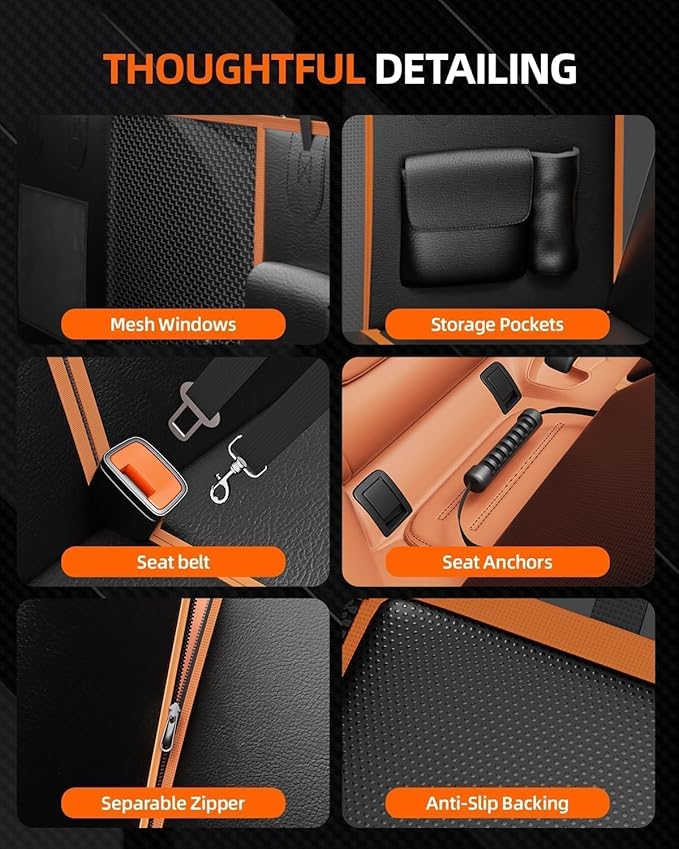 6-in-1 Leather Dog BackSeat Extender, Hard Bottom 40/60 Split Waterproof Car Back/Front Seat Cover, Rear Hammock Carseat Protector, Large Size Pet Mat for SUV/Truck/Cargo, Vehicle Bed Travel Accessory-PurrikoPets