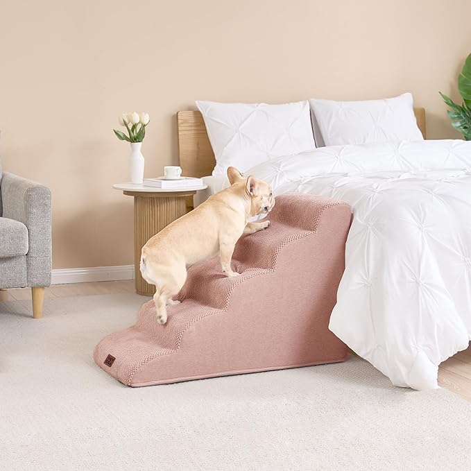 EHEYCIGA Curved Dog Stairs Ramp for High Beds 22.6" H, 5-Step Dog Steps for Small Dogs and Cats, Pet Stairs for High Bed Climbing, Non-Slip Balanced Pet Step Indoor, Dusty Pink-PurrikoPets