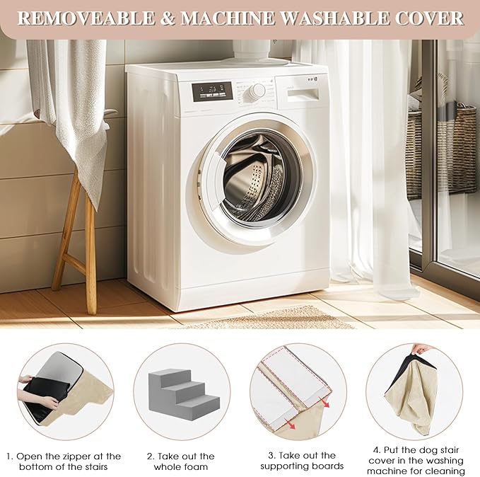 GGIB Dog Stairs for Small Dogs Pet Stairs for Sofa Couch Dog Ramp Pet Steps with Removable Washable Cover, Beige, 13" H, 3-Step-PurrikoPets