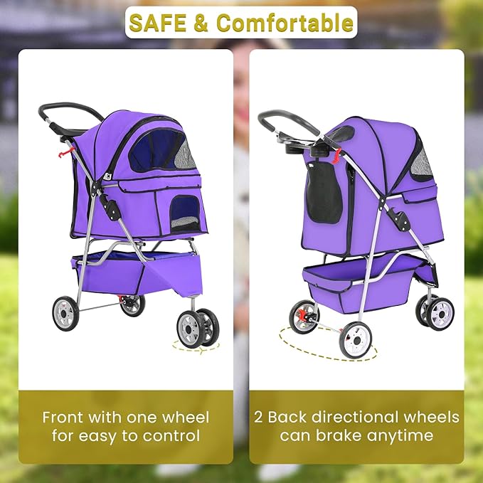 Foldable Pet Stroller,Dog Stroller with 3 Wheel,Pet Strolling Cart,Dog Travel Carrier with Storage Basket and Cup Holder for Dog Puppy,Purple-PurrikoPets