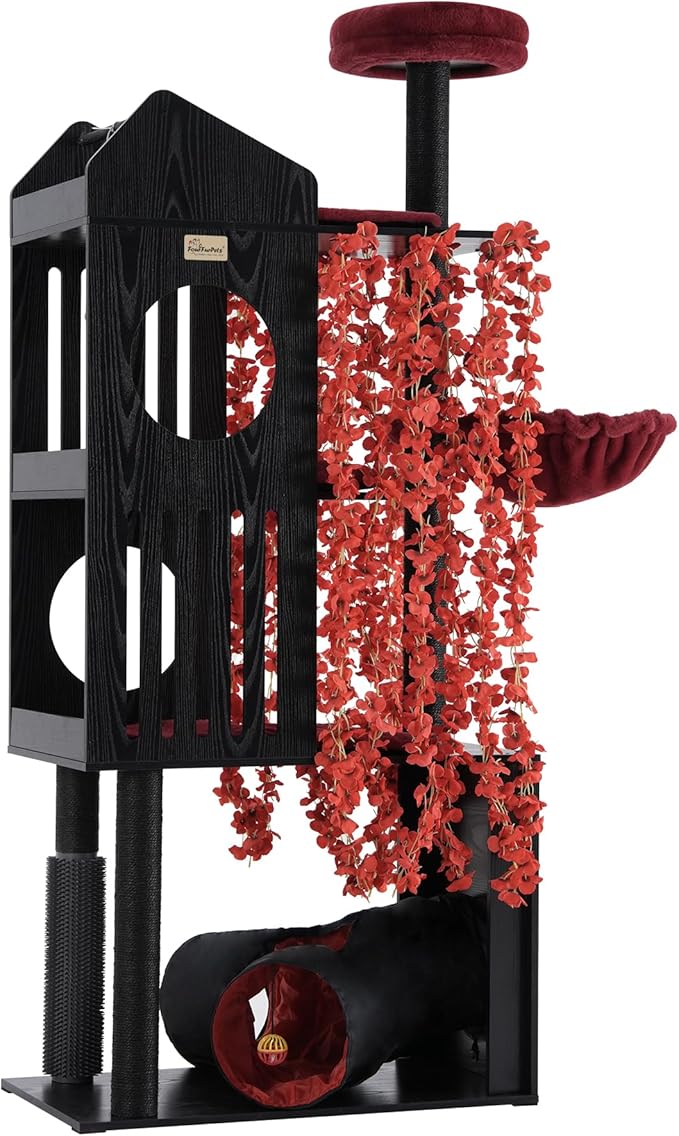 FourFurPets Gothic Cat Tree, 67" Cat Tower for Indoor Cats, Maine Coon Cat Tree for Large Cats 20 lbs+ with Extra-Large Padded Platform, Sisal-Covered Scratching Posts, Comfy Basket, Black & Red-PurrikoPets