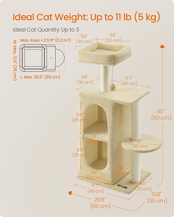 Feandrea Cat Tree Tower with 2 Caves for Multi-Cat Households, Kittens, Scratching Posts, Sand Beige UPCT005Y01-PurrikoPets