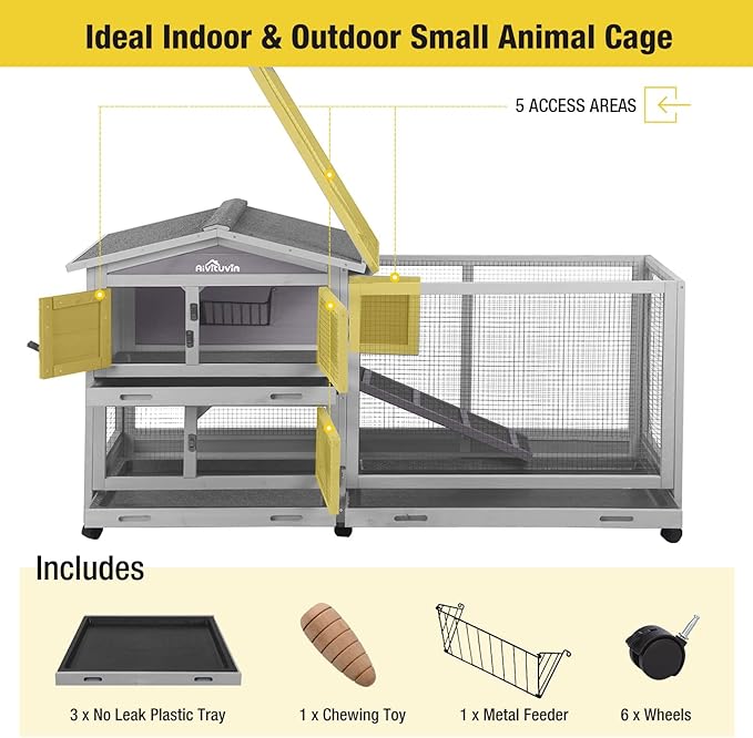 Aivituvin Rabbit Hutch Outdoor Indoor Rabbit Cage Chikcen Coop with Casters Guinea Pig Cage with 3 Deep No Leakage Pull Out Tray,Waterproof Roof-PurrikoPets