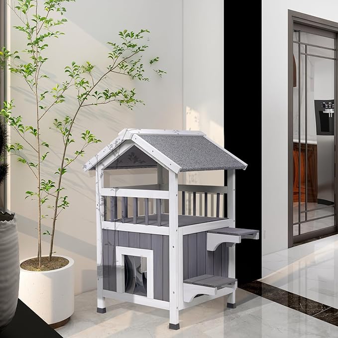 GEGURI Outdoor Cat House Weatherproof, Wooden Two-Story Feral Cat Shelter with, Escape Door, Balcony-PurrikoPets