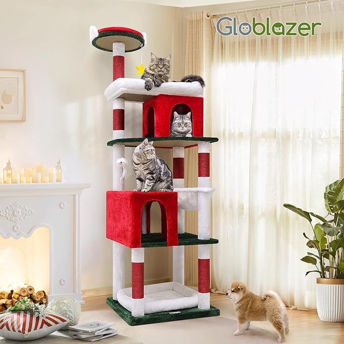 Globlazer Heavy Duty Cat Trees for Large Cats, Sturdy 72in Maine Coon Cat Tree for Large 20 lbs+ Heavy Duty Cat Tower for Adult Biggest Cats with 6 Scratching Posts, Hammock, S72, Red White Green-PurrikoPets