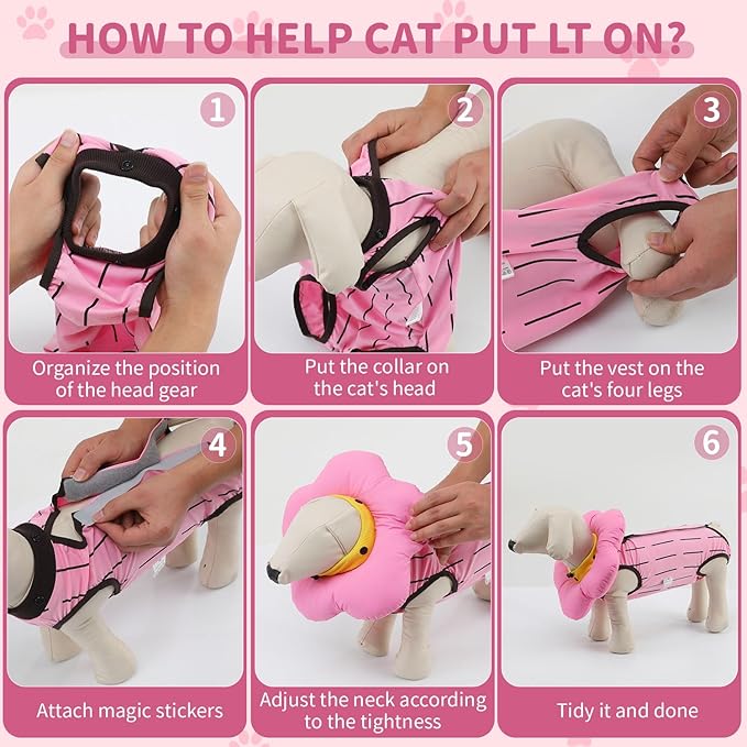 EMUST Cute Cat Recovery Suit & Cone Collar Set - Soft, Adjustable Flower Collar for Female Kittens Under 4lb (Pink, S)-PurrikoPets