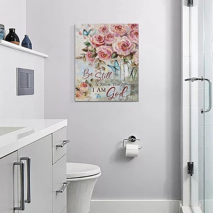 Farmhouse Rose Wall Art Christian Scripture Pictures Pink Rose Wall Decor Rustic Floral Butterfly Canvas Print Painting Artwork for Bathroom Living Room Bedroom 16"x20"-PurrikoPets