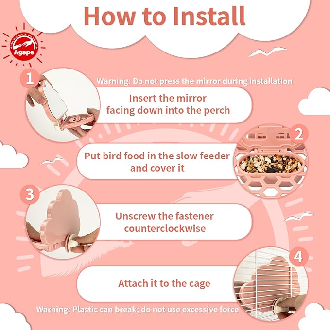 Agape Bird Mirror for Cage, Bird Toys with Perch and Slow Feeder to Expend Energy, Small Parrot Swing, Interactive Toys for Cockatiel, Lovebird, Parakeet, Conure, Finch, and Budgies-PurrikoPets