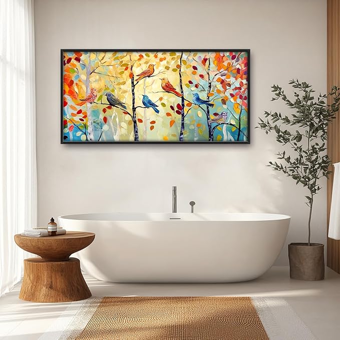Extra Large Framed Abstract Bird Forest Wall Art,Colorful Birds Birch Tree Wall Decor Pictures for Living Room,Canvas Print Painting Modern Artwork Bedroom Office Bathroom Home Decor 60L x 30W-PurrikoPets