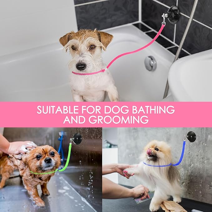 Frienda 4 Pieces Dog Bathing Tether with Suction Cup Pet Dog Grooming Tub Restraint Loops and Adjustable Cat Fixed Safety Rope for Pet Shower Bathing Grooming(Blue Pink Bright Green)-PurrikoPets